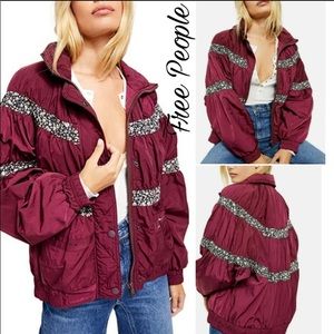 Free People On My Mind Mulberry Bomber jacket with floral detail. Retro style